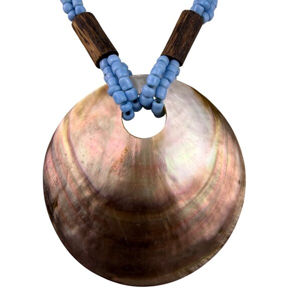Handmade Womens Blue Beaded Necklace With Wooden Accents & Shell Pendant - Picture 3 of 4